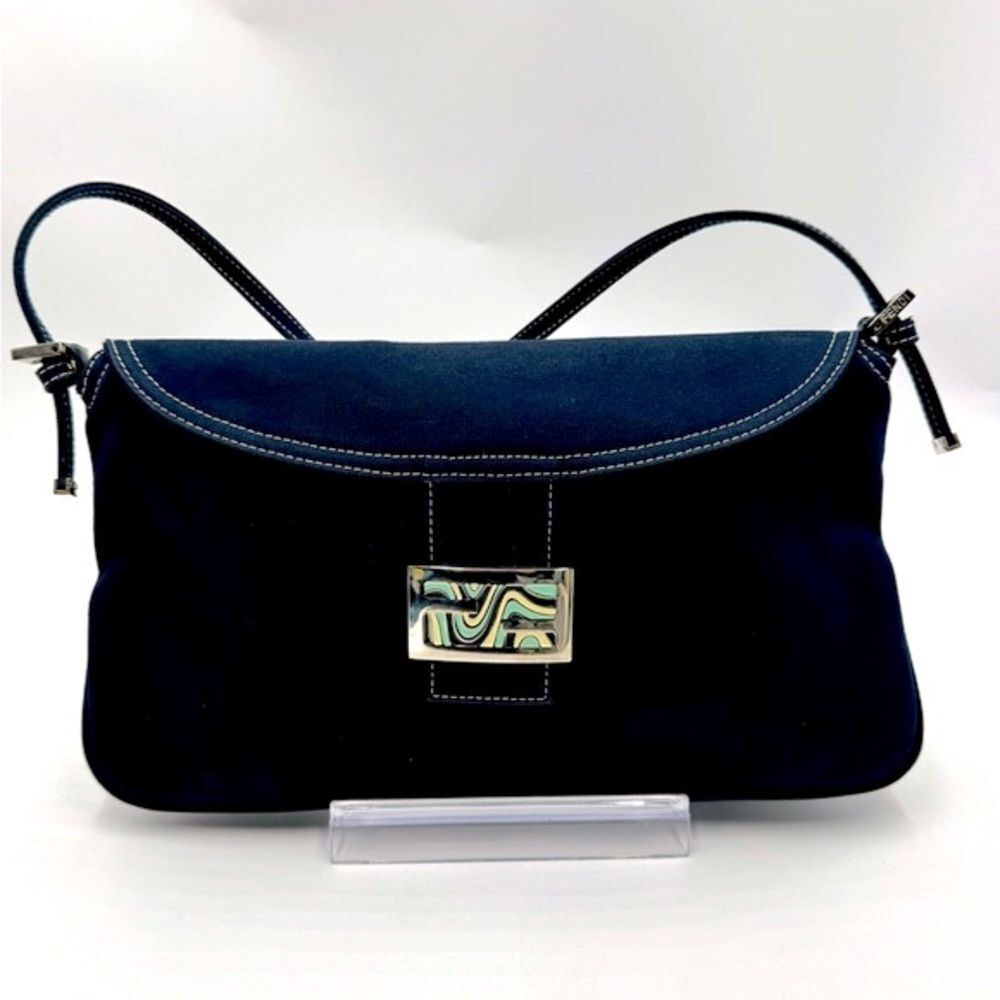 Fendi Mama Double Flap Navy Blue Canvas Limited Edition Baguette Preloved Purse